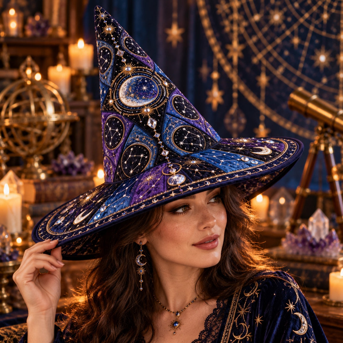 Constellation Quilted Witch Hat – Star Map Celestial Wide Brim Hat – worn by a model
