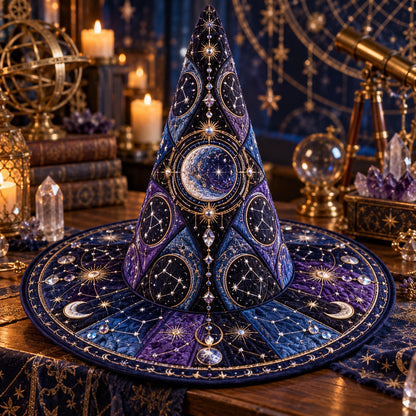 Constellation Quilted Witch Hat – Star Map Celestial Wide Brim Hat – styled with candles and crystals