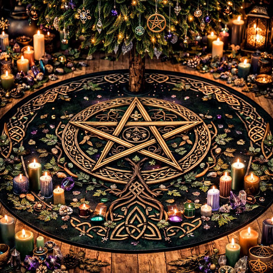 Dark green velvet tree skirt with a large gold pentagram, Celtic knotwork, and nature motifs.