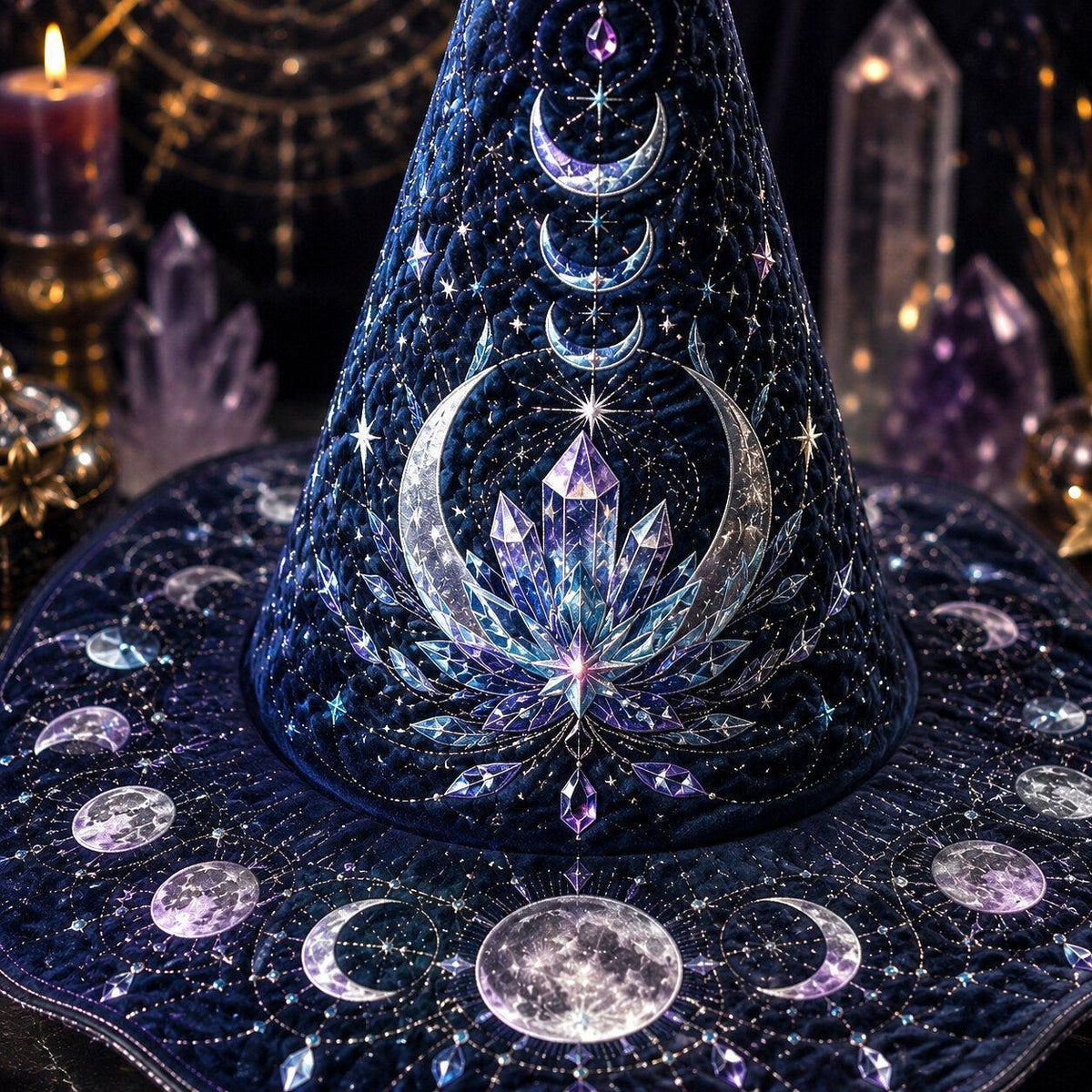 Cosmic Lotus Witch Hat – Galaxy Celestial Occult Wide Brim Hat – quilting and print detail