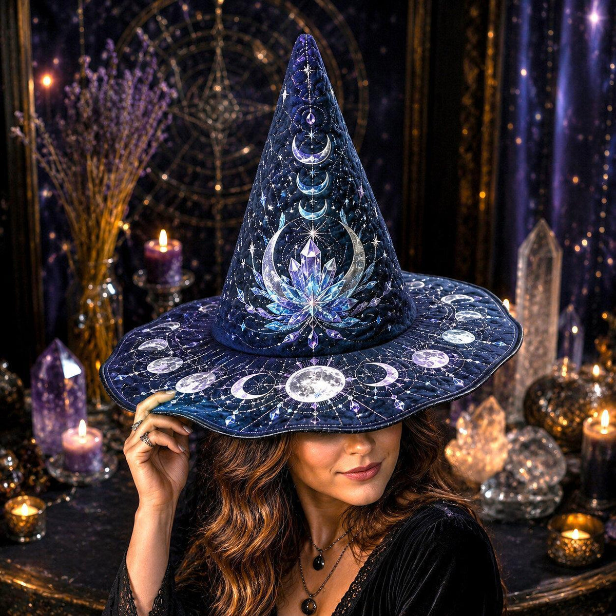 Cosmic Lotus Witch Hat – Galaxy Celestial Occult Wide Brim Hat – worn, front view