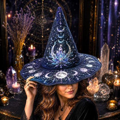 Cosmic Lotus Witch Hat – Galaxy Celestial Occult Wide Brim Hat – worn, front view
