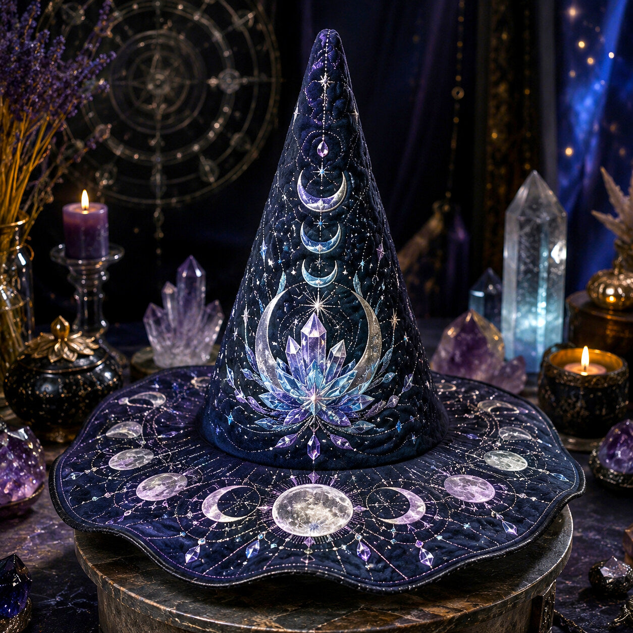 Cosmic Lotus Witch Hat – Galaxy Celestial Occult Wide Brim Hat – on an altar table