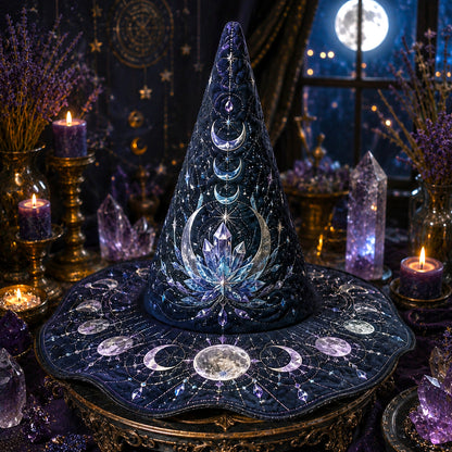 Cosmic Lotus Witch Hat – Galaxy Celestial Occult Wide Brim Hat – styled with candles and crystals
