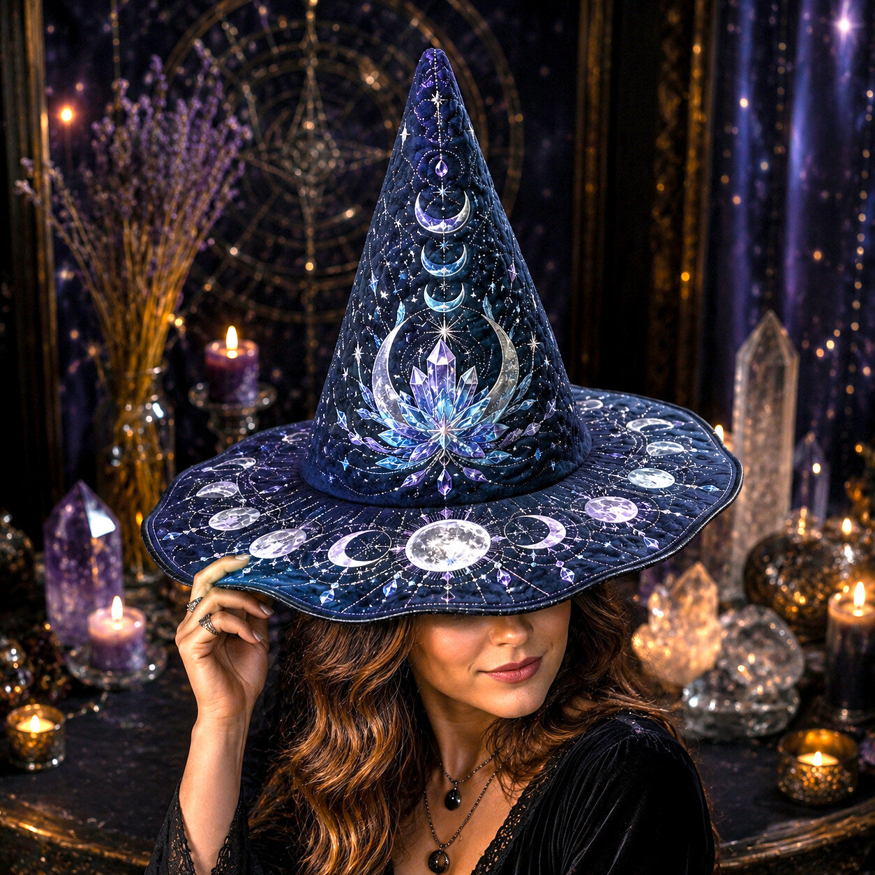 Cosmic Lotus Witch Hat – Galaxy Celestial Occult Wide Brim Hat – worn, front view