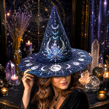 Cosmic Lotus Witch Hat – Galaxy Celestial Occult Wide Brim Hat – worn, front view