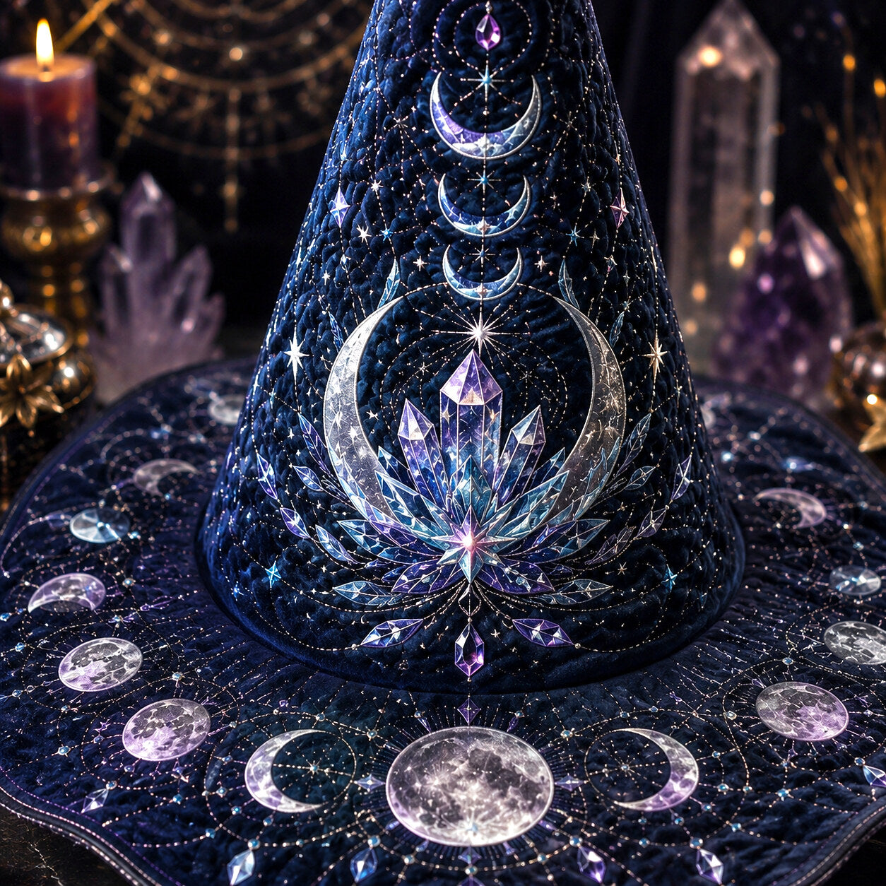 Cosmic Lotus Witch Hat – Galaxy Celestial Occult Wide Brim Hat – quilting and print detail