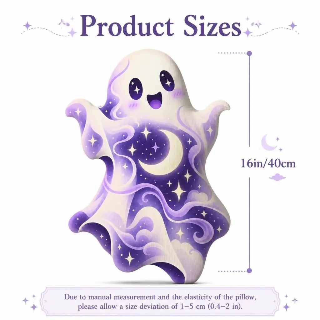 Size guide for cosmic moon star ghost plush pillow, showing 16 inches / 40 cm