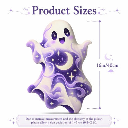 Size guide for cosmic moon star ghost plush pillow, showing 16 inches / 40 cm