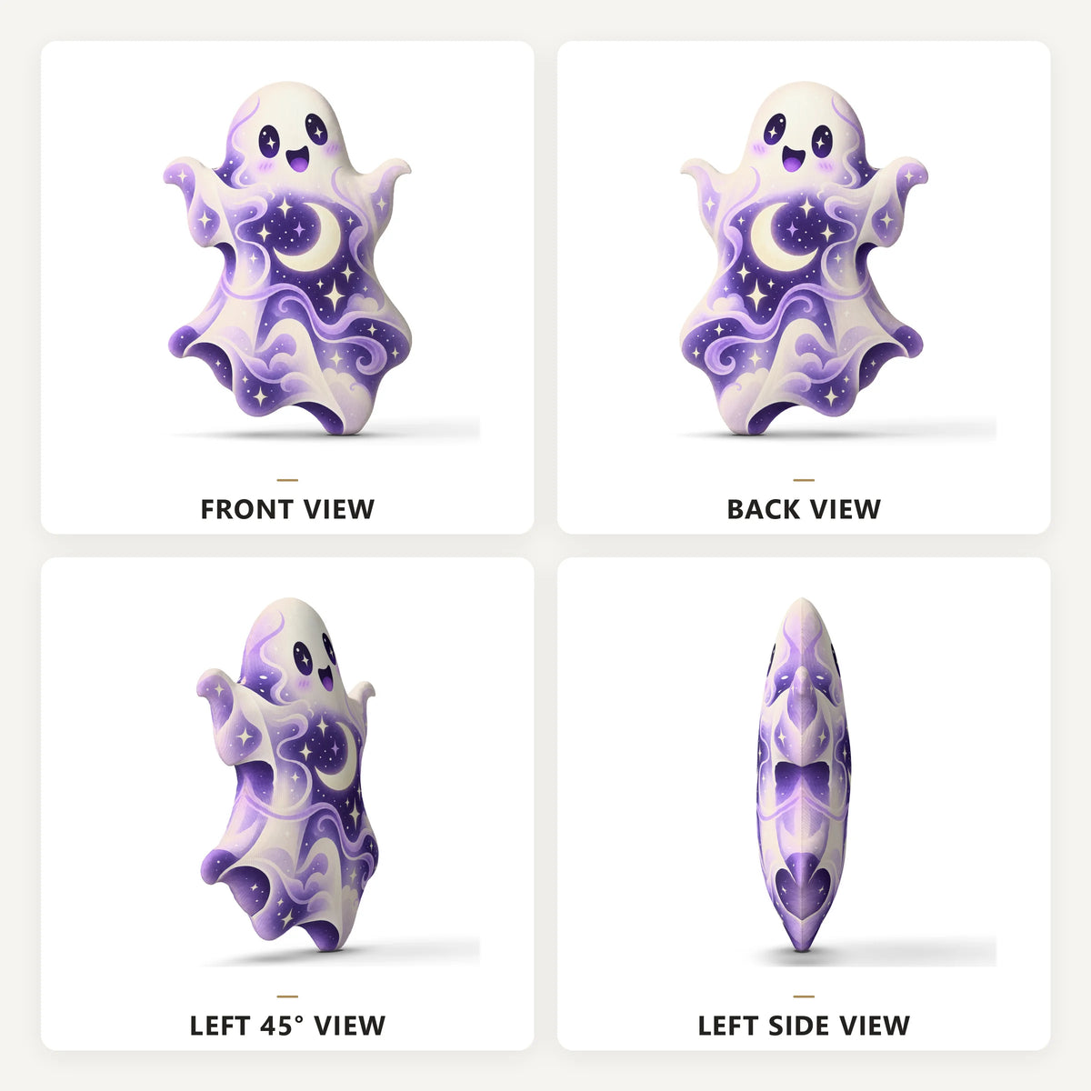 Front, back and side views: cosmic moon star ghost plush pillow with ghost with moon and star artwork