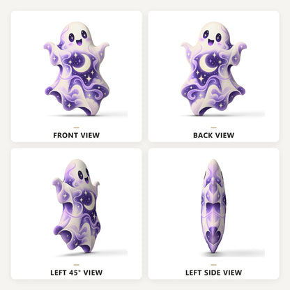 Front, back and side views: cosmic moon star ghost plush pillow with ghost with moon and star artwork