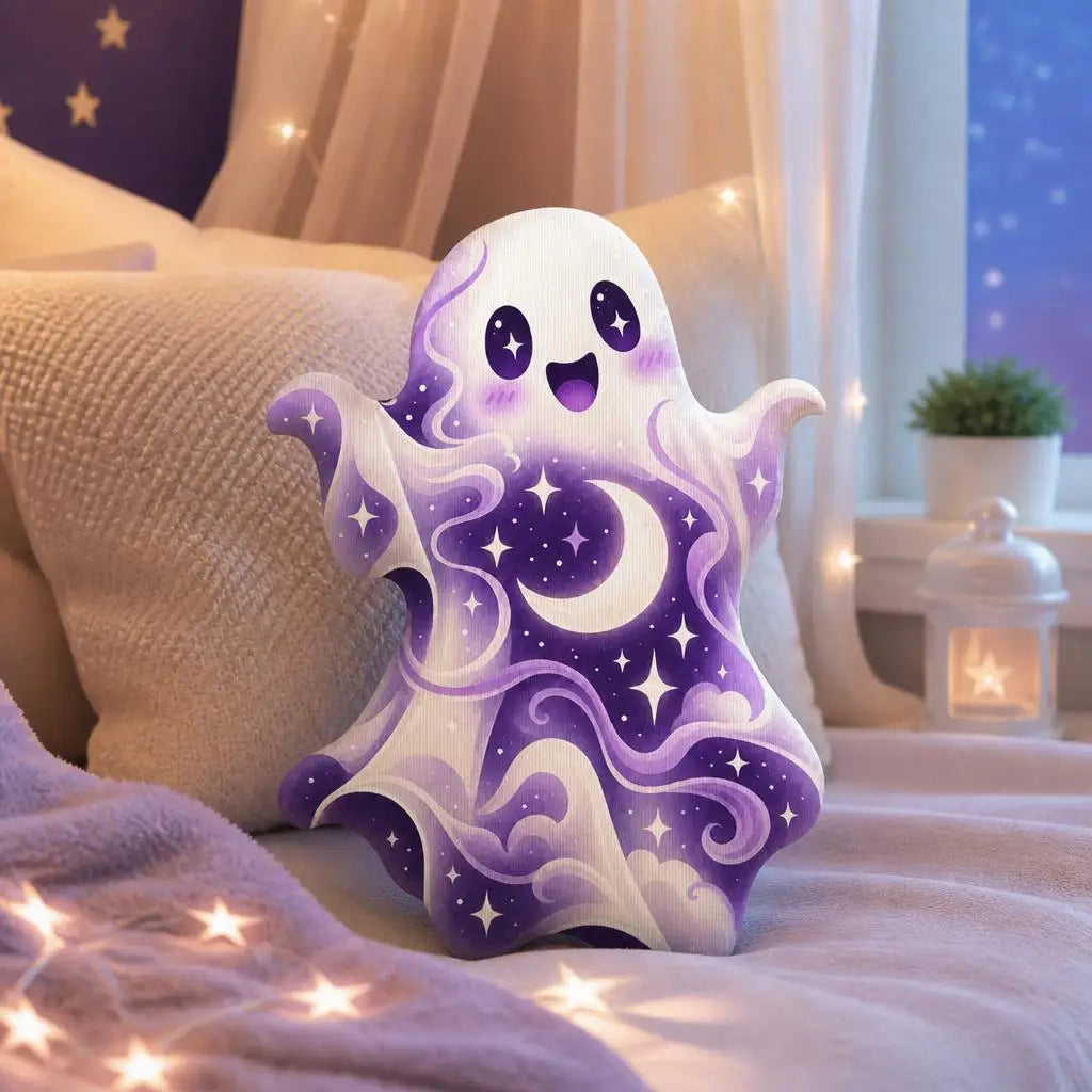 Styled on a sofa: cosmic moon star ghost plush pillow with ghost with moon and star artwork