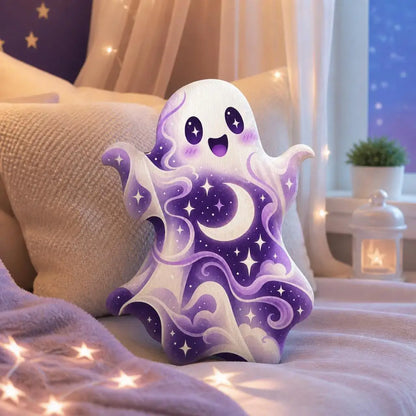 Styled on a sofa: cosmic moon star ghost plush pillow with ghost with moon and star artwork