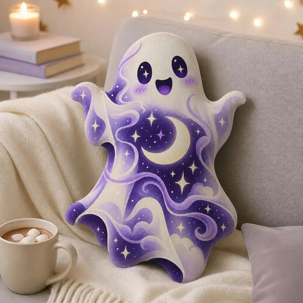 Alternate sofa setting: cosmic moon star ghost plush pillow with ghost with moon and star artwork