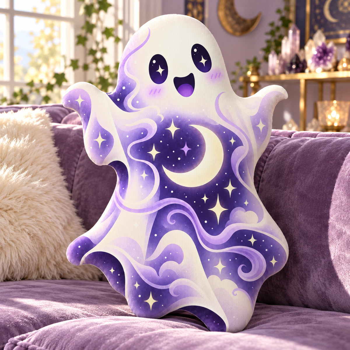 Cosmic Moon Star Ghost Pillow in a sunlit witchy room
