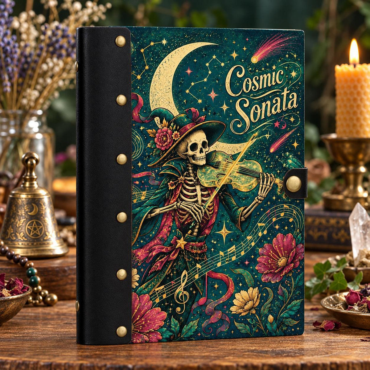 Cosmic Skeleton Violin Journal - Celestial Gothic Grimoire on a candlelit pagan ritual altar