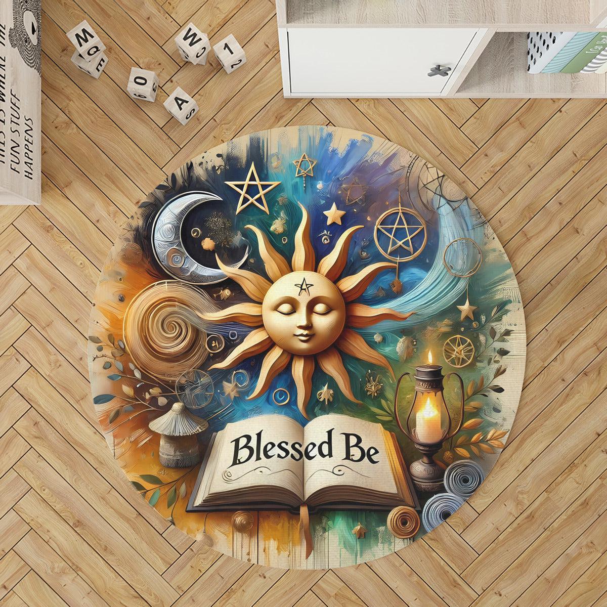 Cosmic Sun Moon Round Rug Blessed Be Wicca Carpet for Pagan Decor-MoonChildWorld
