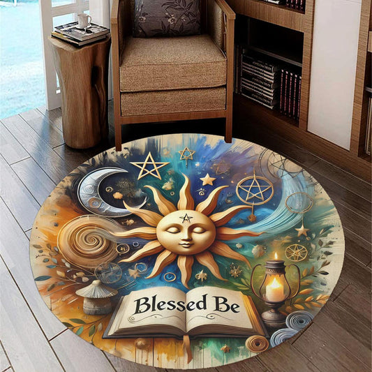 Cosmic Sun Moon Round Rug Blessed Be Wicca Carpet for Pagan Decor-MoonChildWorld