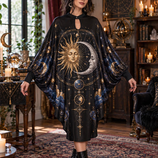 Cosmic Sun and Moon Celestial Batwing Dress – Witchy Astrology Midi – worn, front view