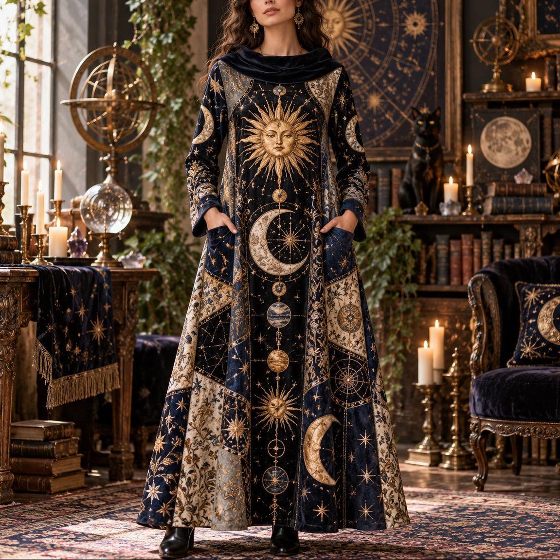 Cosmic Sun and Moon Celestial Cowl Neck Dress – Witchy Gold Star Maxi – worn, front view