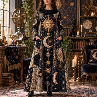 Cosmic Sun and Moon Celestial Cowl Neck Dress – Witchy Gold Star Maxi – worn, front view