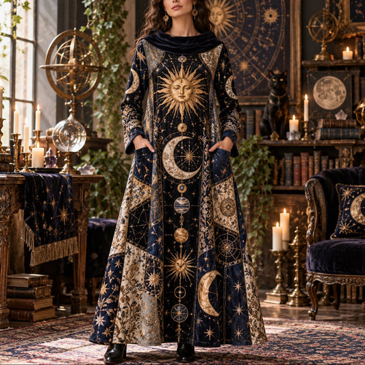 Cosmic Sun and Moon Celestial Cowl Neck Dress – Witchy Gold Star Maxi – worn, front view