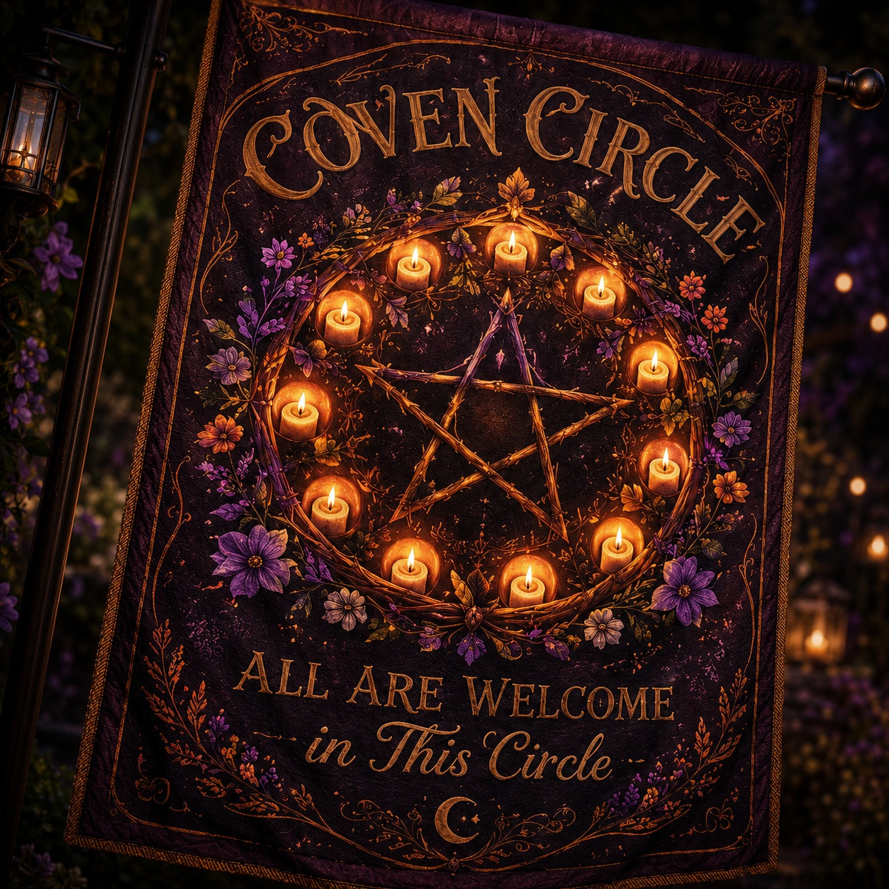 Coven Circle house flag displayed outdoors on a garden flag stand