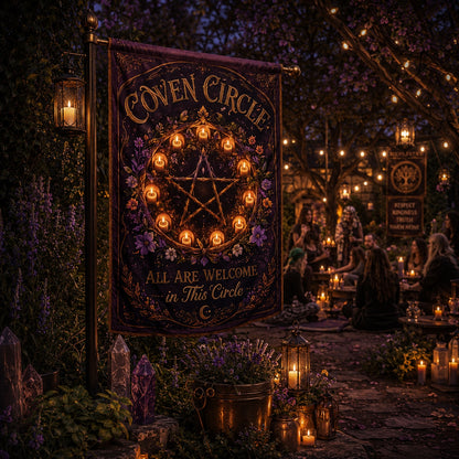 Close-up of Coven Circle house flag showing pagan artwork