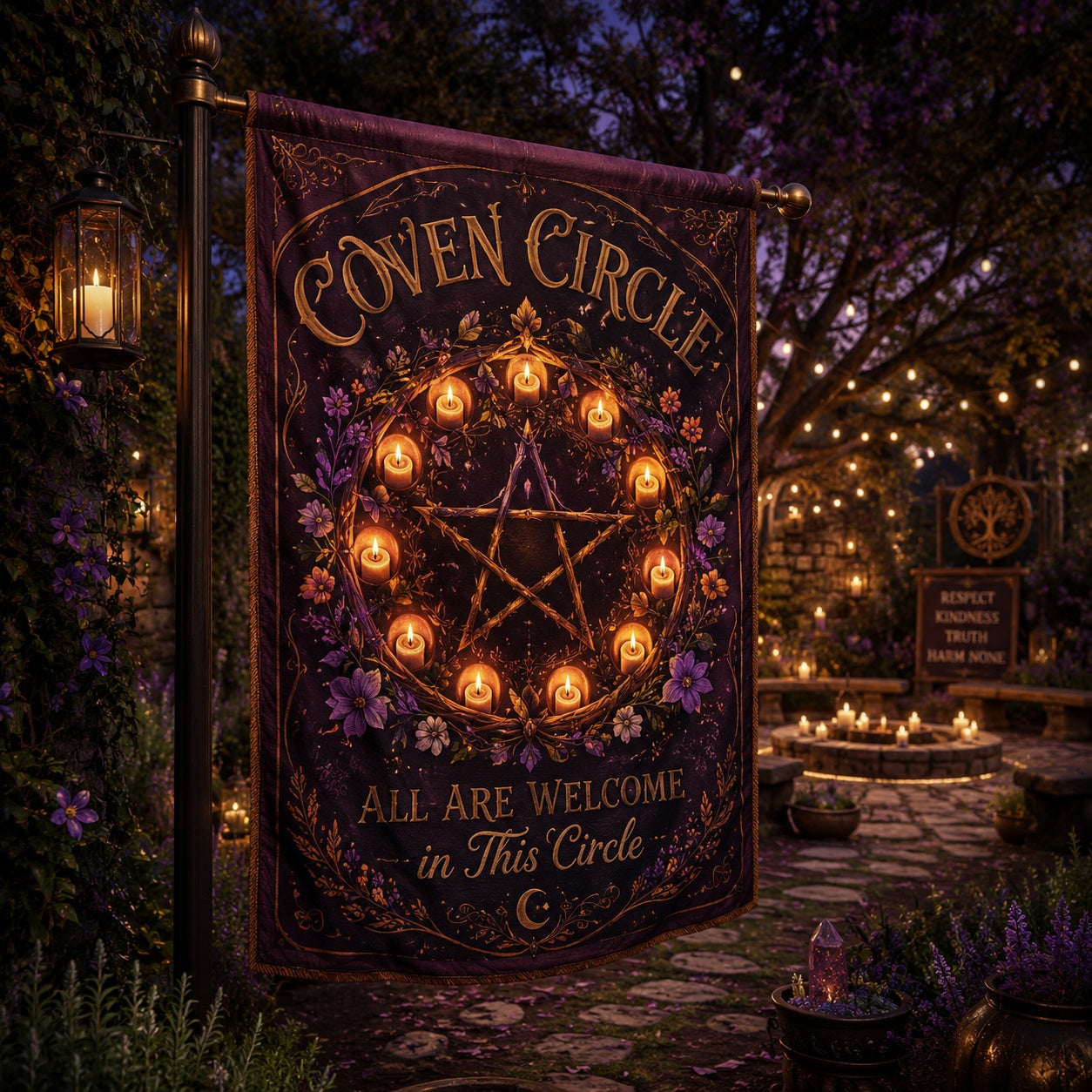 Coven Circle house flag with All Are Welcome inclusive pagan design