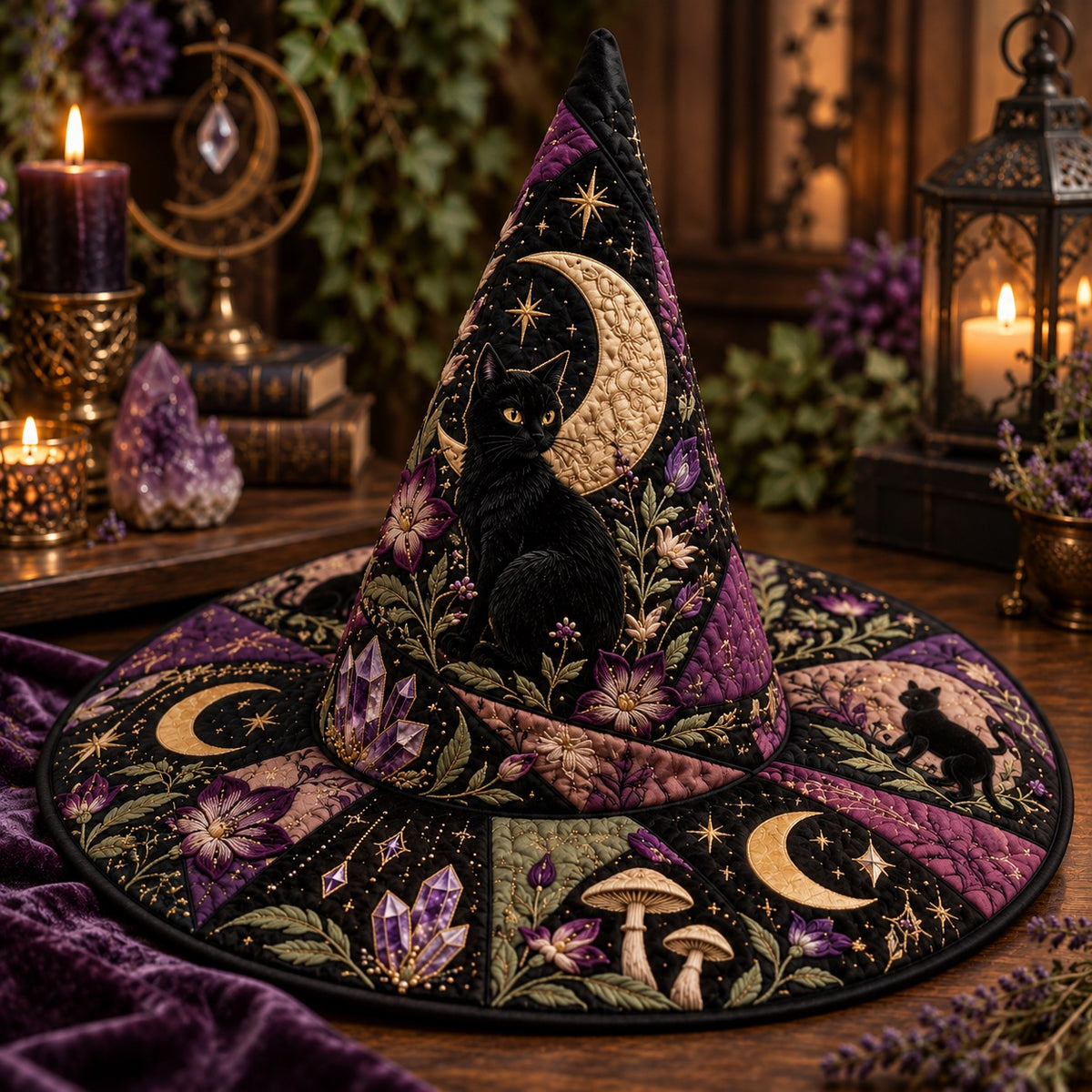 Crescent Cat Quilted Witch Hat – Black Cat Amethyst Wiccan Brim Hat – styled with candles and crystals