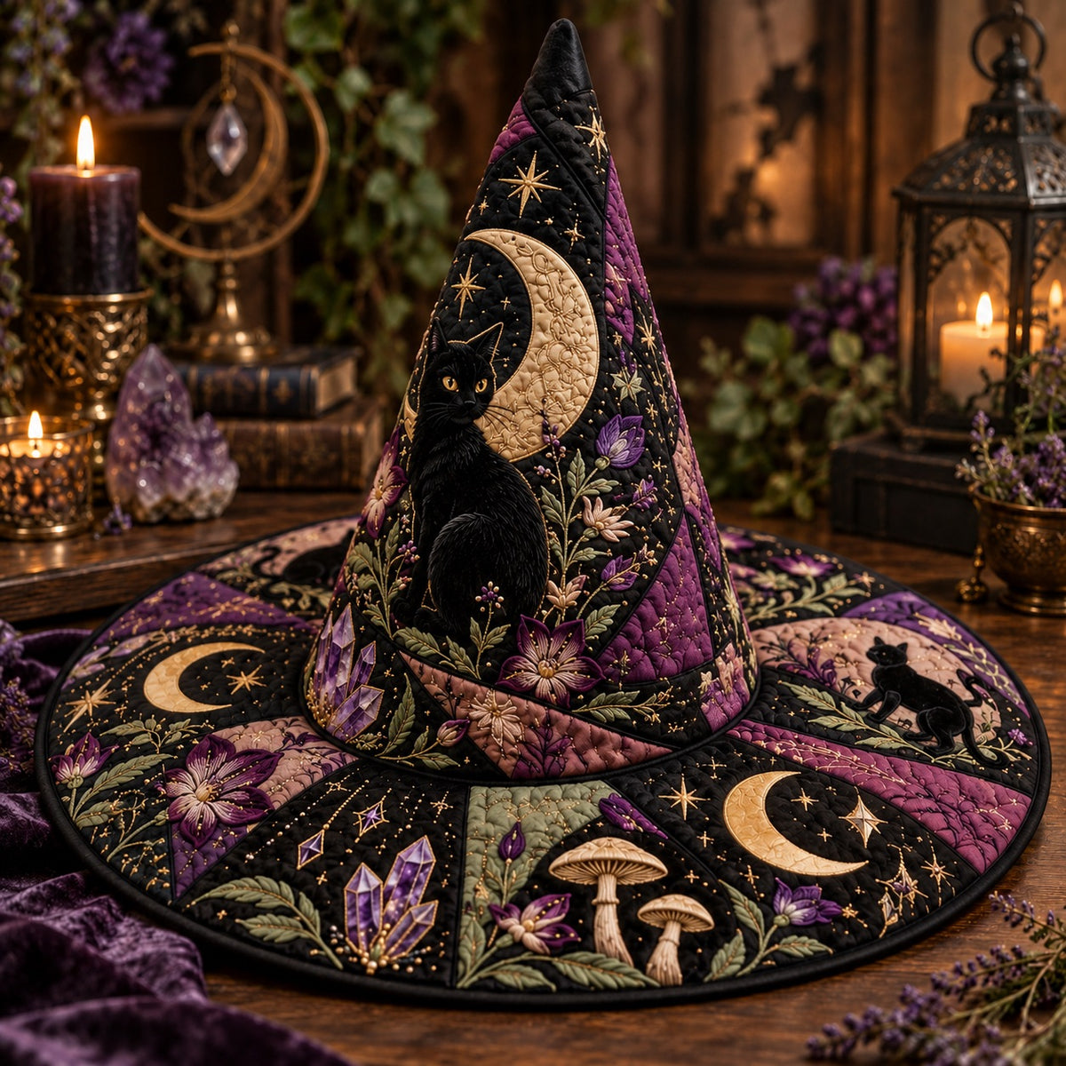 Crescent Cat Quilted Witch Hat – Black Cat Amethyst Wiccan Brim Hat – styled with candles and crystals