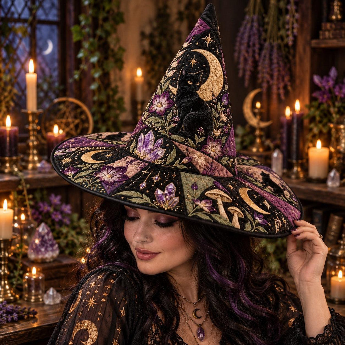 Crescent Cat Quilted Witch Hat – Black Cat Amethyst Wiccan Brim Hat – worn by a model