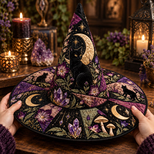 Crescent Cat Quilted Witch Hat – Black Cat Amethyst Wiccan Brim Hat – held in both hands