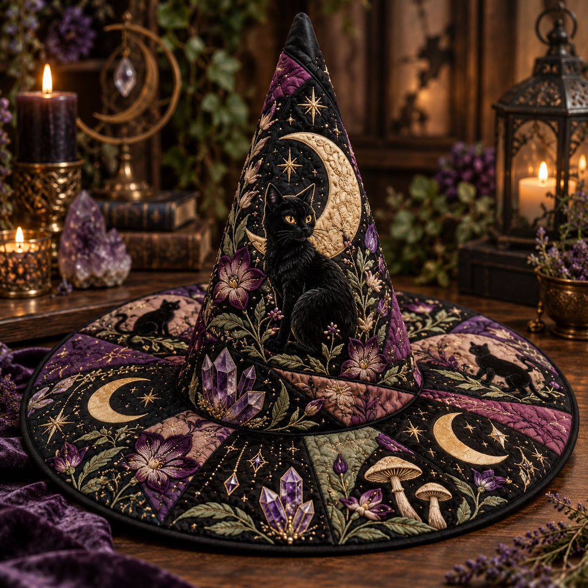 Crescent Cat Quilted Witch Hat – Black Cat Amethyst Wiccan Brim Hat – styled with candles and crystals