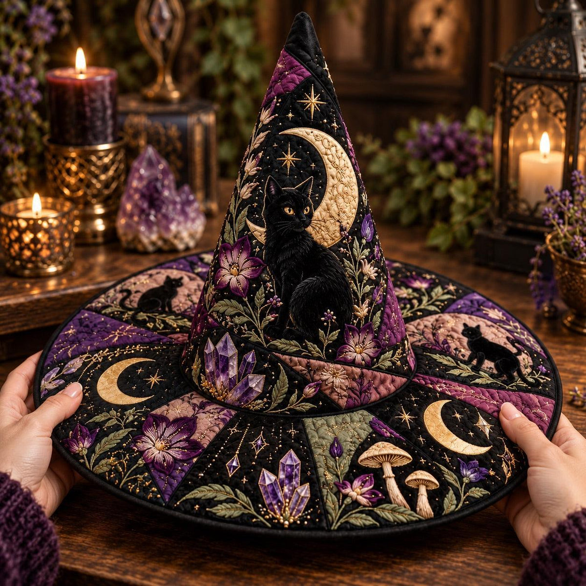 Crescent Cat Quilted Witch Hat – Black Cat Amethyst Wiccan Brim Hat – held in both hands