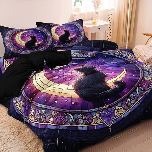 Crescent Moon Black Cat Duvet Cover Set Witchy Bedding Set for Wiccan, Pagan-MoonChildWorld