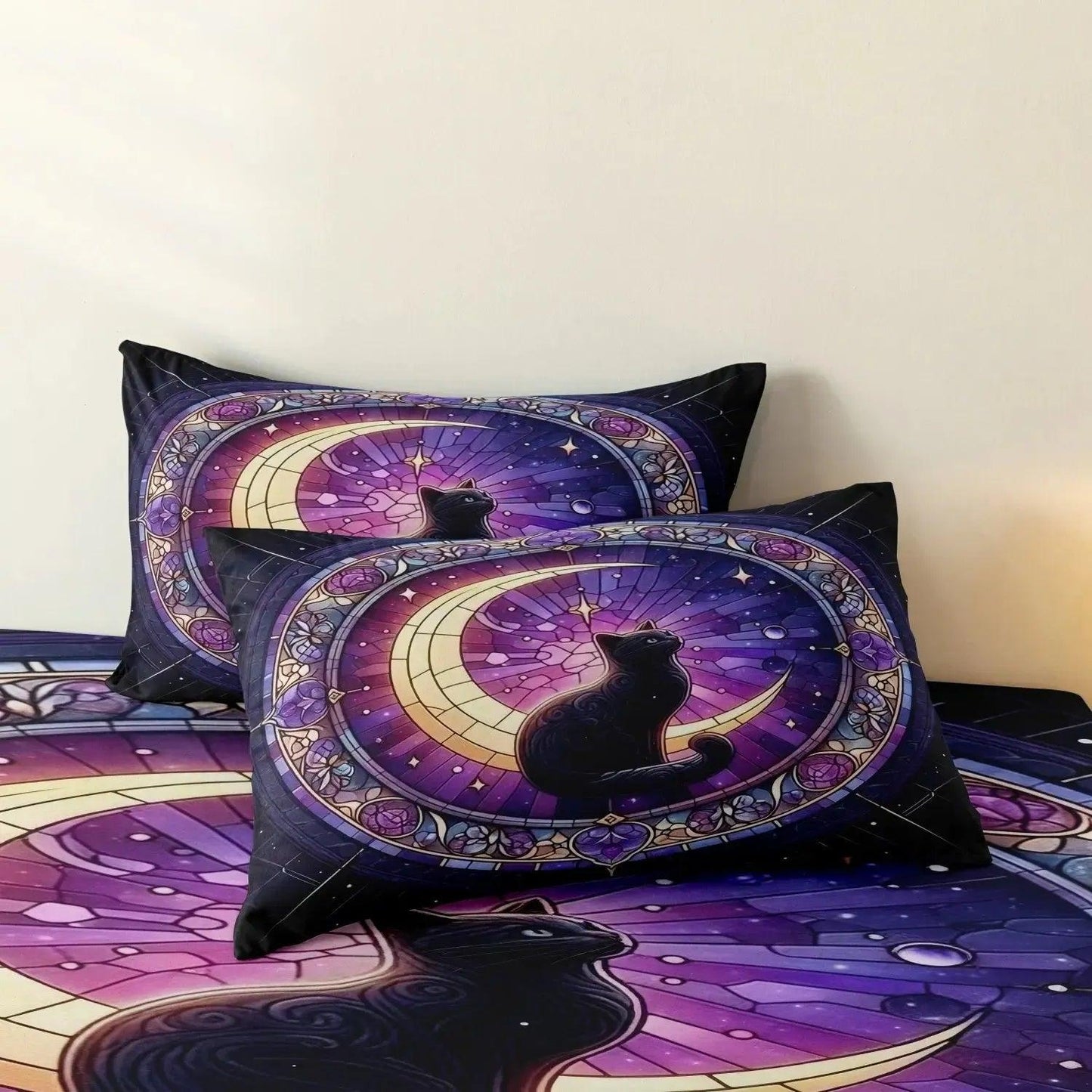 Crescent Moon Black Cat Duvet Cover Set Witchy Bedding Set for Wiccan, Pagan-MoonChildWorld