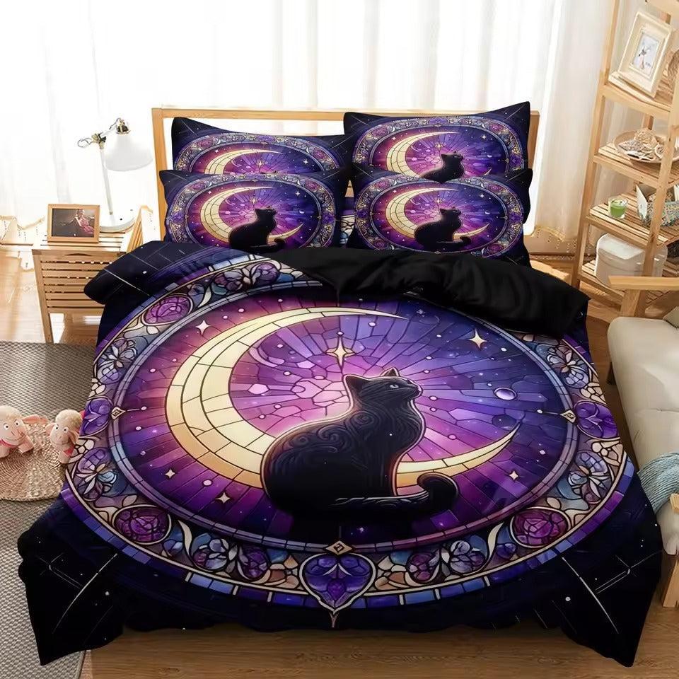 Crescent Moon Black Cat Duvet Cover Set Witchy Bedding Set for Wiccan, Pagan-MoonChildWorld