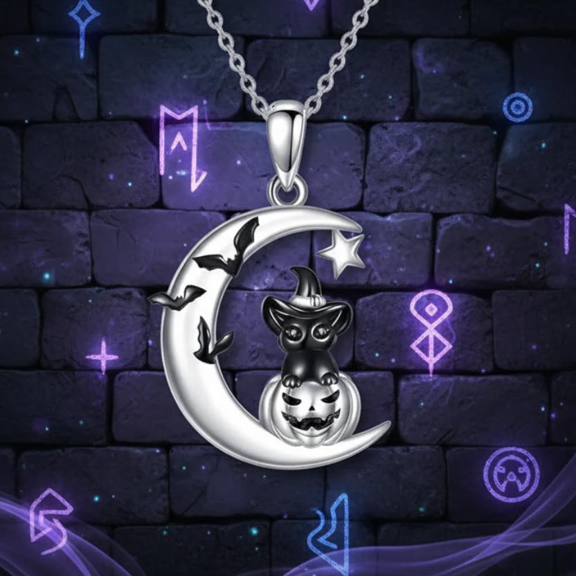 Crescent Moon Black Cat Witchy Necklace Halloween Jewelry-MoonChildWorld