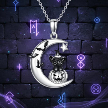 Crescent Moon Black Cat Witchy Necklace Halloween Jewelry-MoonChildWorld