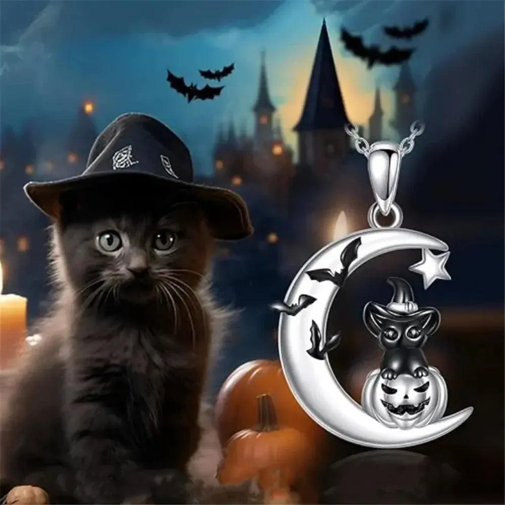 Crescent Moon Black Cat Witchy Necklace Halloween Jewelry-MoonChildWorld