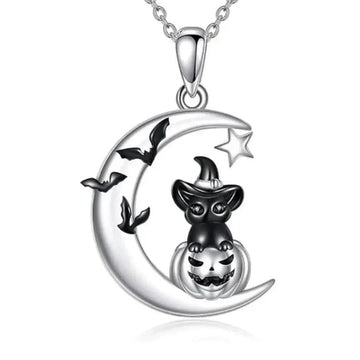 Crescent Moon Black Cat Witchy Necklace Halloween Jewelry-MoonChildWorld