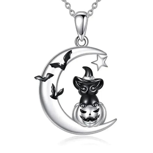 Crescent Moon Black Cat Witchy Necklace Halloween Jewelry-MoonChildWorld