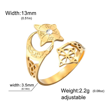 Size chart for the Crescent Moon Celtic Knot Ring in gold, showing the adjustable open band with a 13mm wide moon and star design, 3.5mm band width, and a weight of 2.2g.