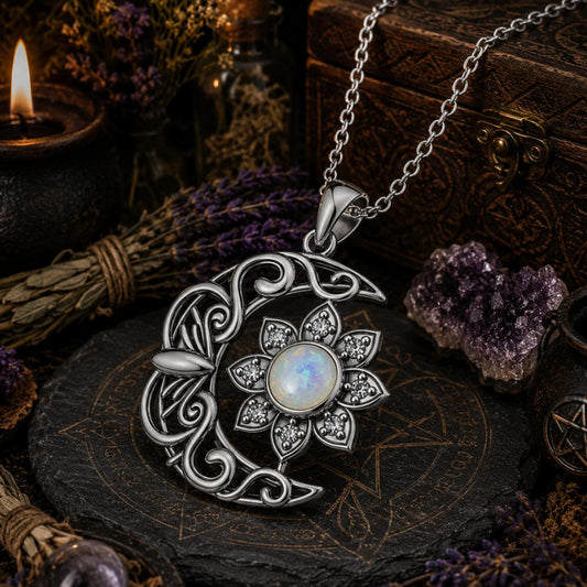 Crescent Moon Flower Opal Necklace with Cubic Zirconia Boho Pagan Jewelry-MoonChildWorld