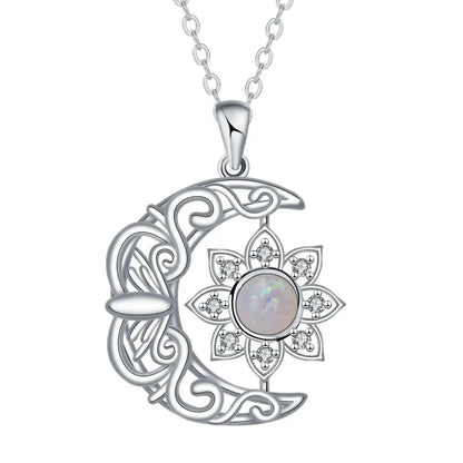 Crescent Moon Flower Opal Necklace with Cubic Zirconia Boho Pagan Jewelry-MoonChildWorld