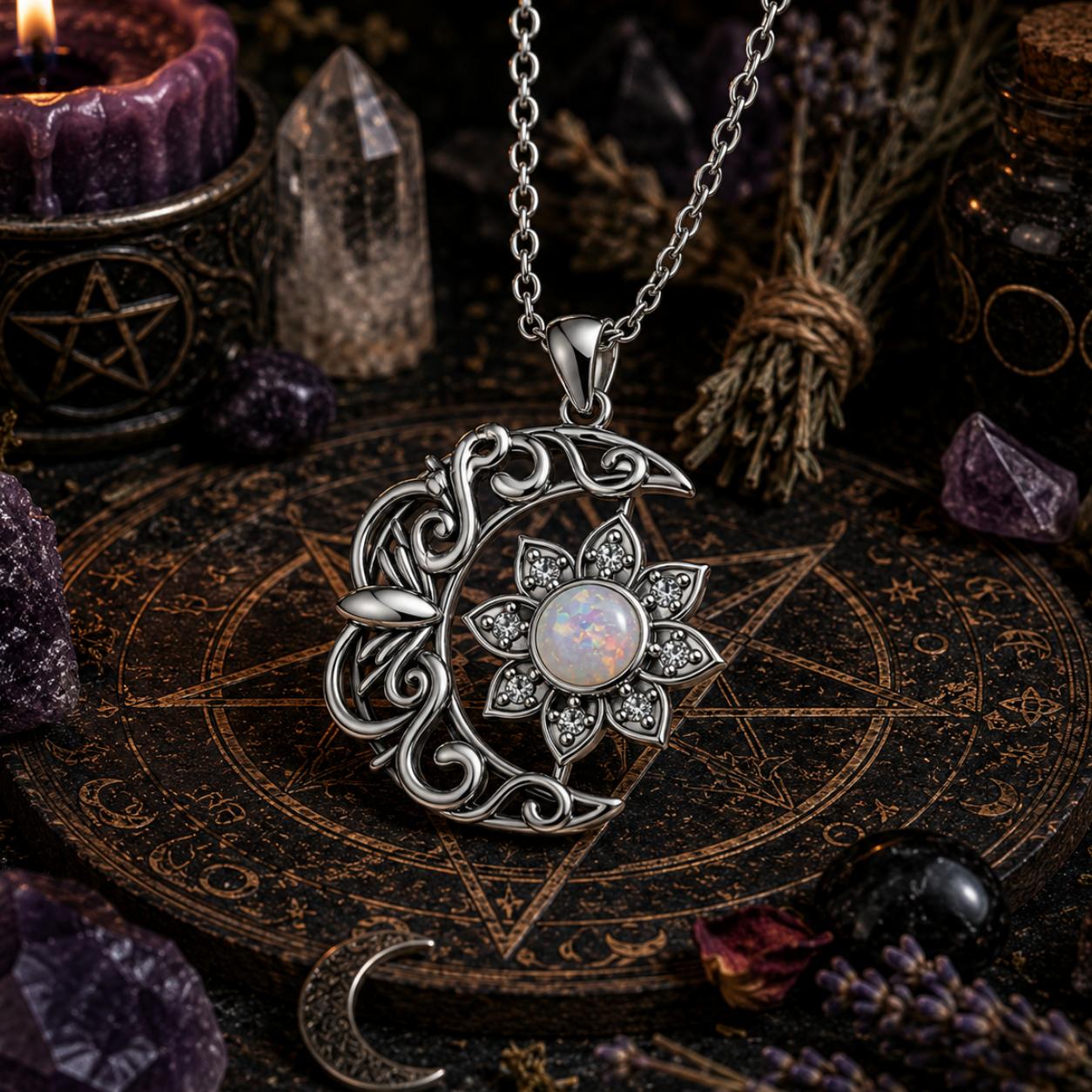 Crescent Moon Flower Opal Necklace with Cubic Zirconia Boho Pagan Jewelry-MoonChildWorld