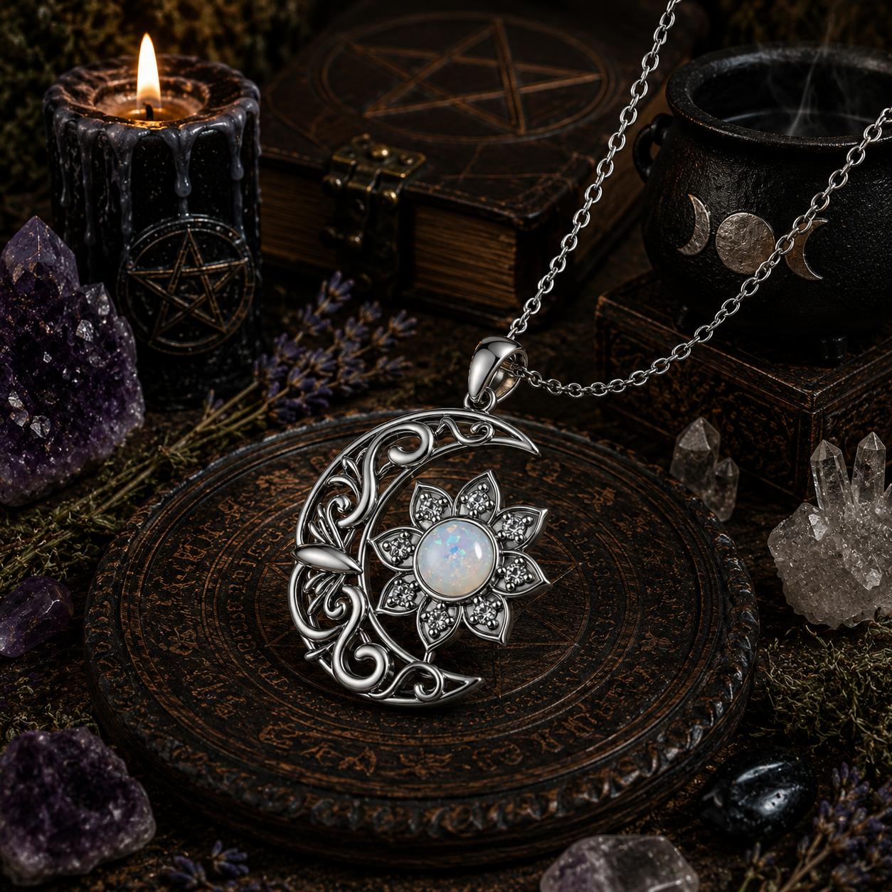 Crescent Moon Flower Opal Necklace with Cubic Zirconia Boho Pagan Jewelry-MoonChildWorld