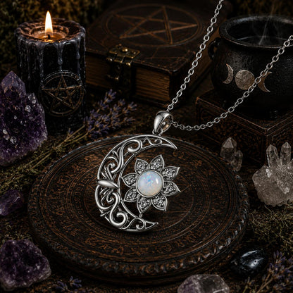 Crescent Moon Flower Opal Necklace with Cubic Zirconia Boho Pagan Jewelry-MoonChildWorld