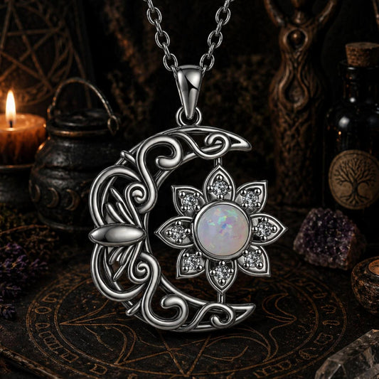 Crescent Moon Flower Opal Necklace with Cubic Zirconia Boho Pagan Jewelry-MoonChildWorld